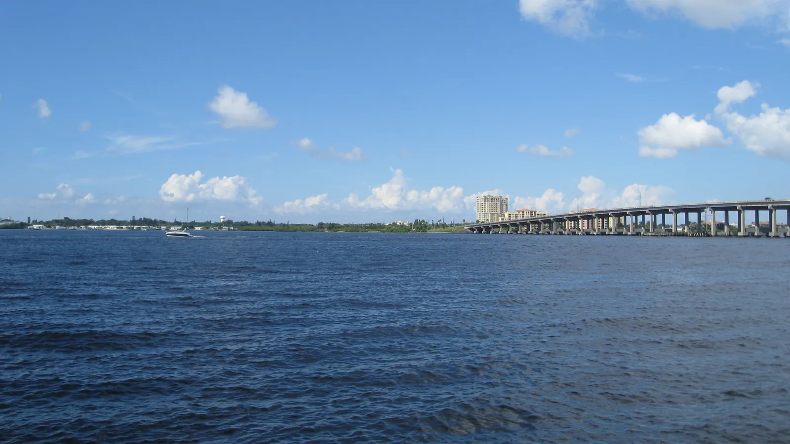 Bradenton Riverwalk along the Manatee River with the DeSoto Bridge in view