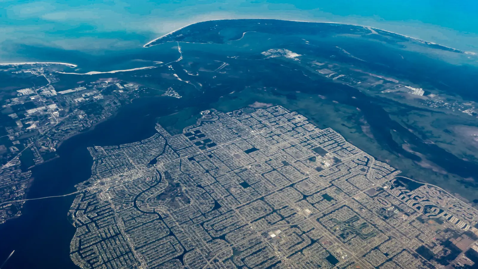 Aerial view of Cape Coral, Florida, canals and neighborhoods from the air