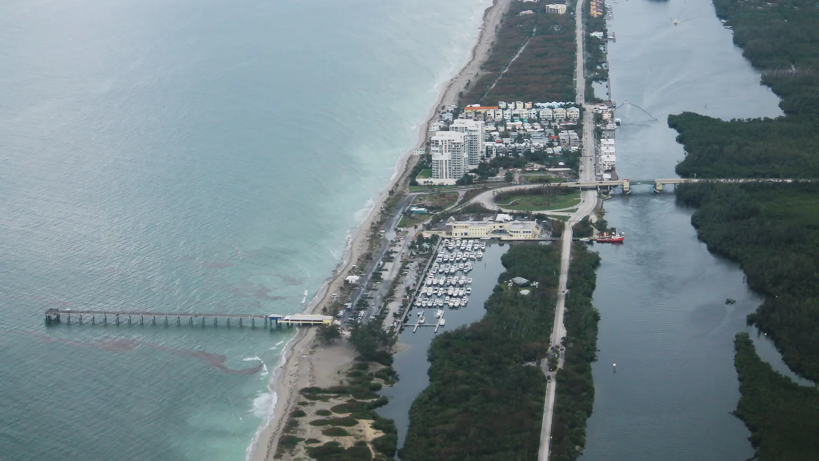 Aerial view of the Dania Beach Pier and the beach in Dania Beach, Florida