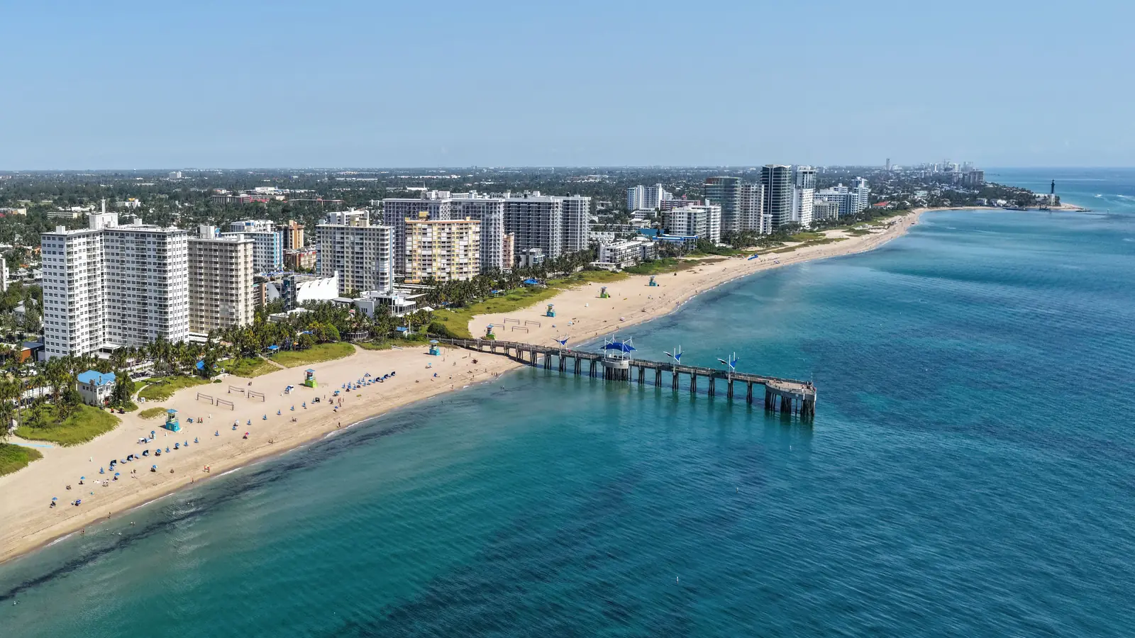 Aerial view of the beach and the Fisher Family Pier in Pompano Beach, Florida