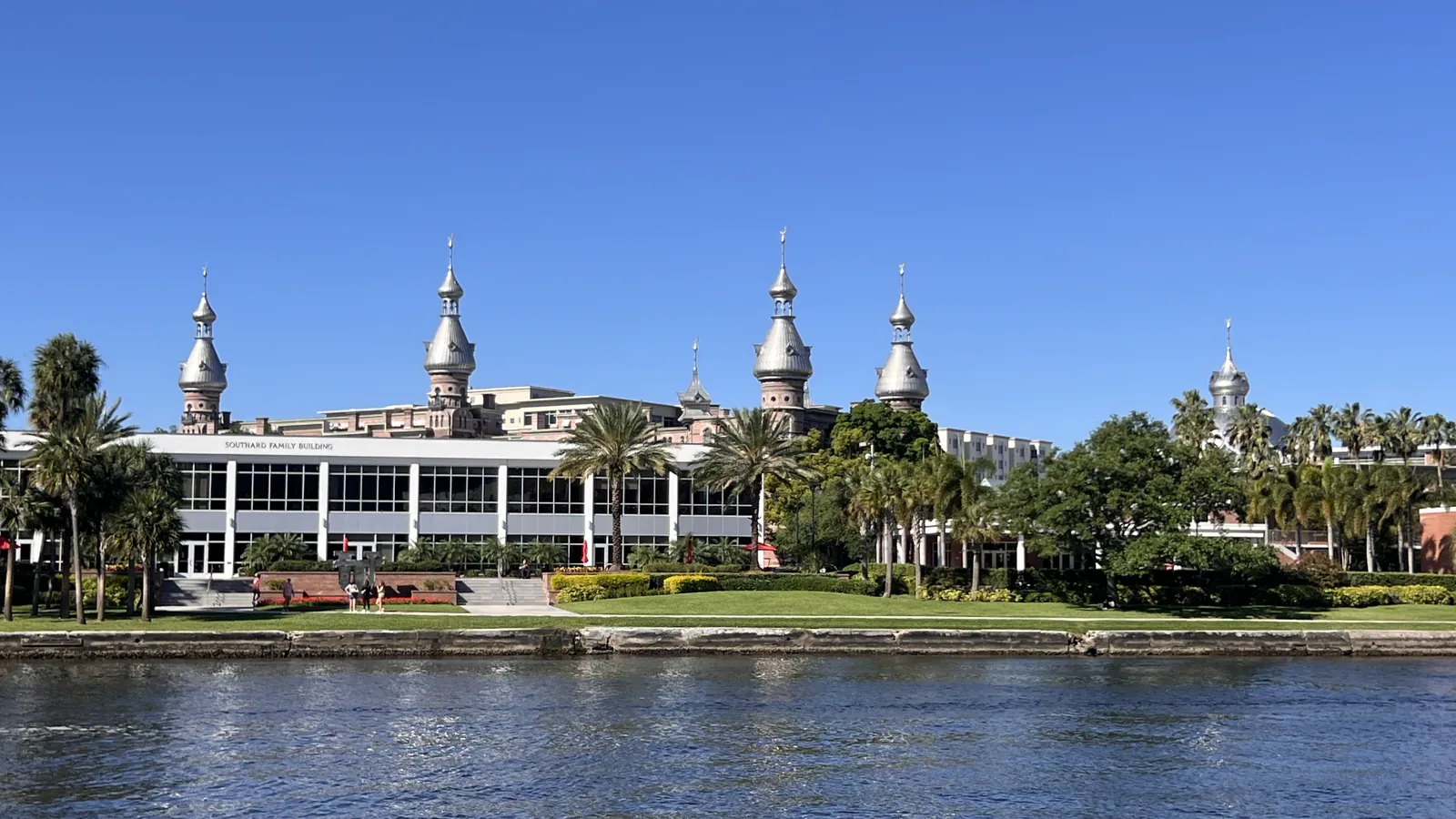 The Henry B. Plant Museum and its silver minarets, seen across the Hillsborough River from the Tampa Riverwalk