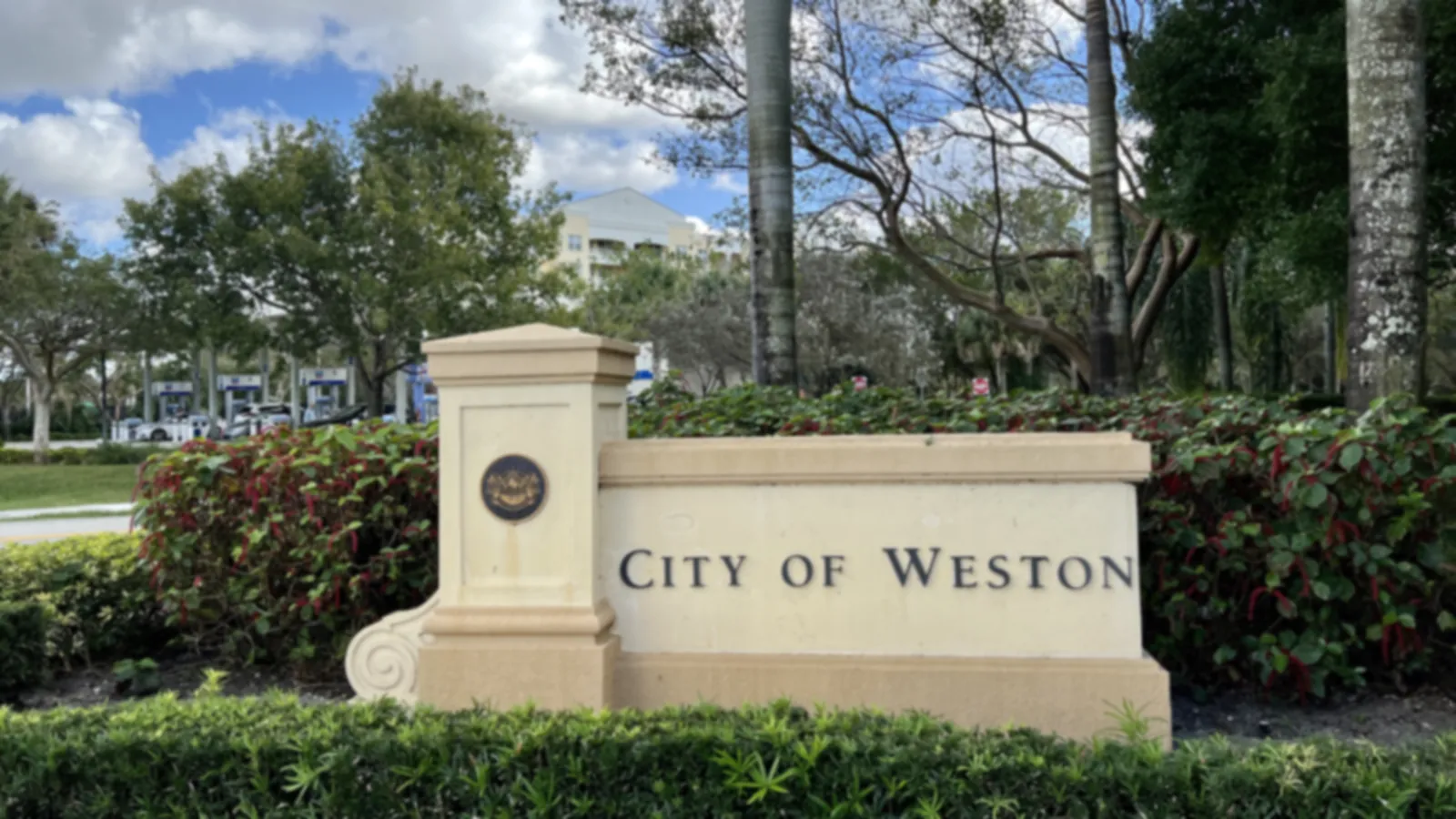 The City of Weston gateway sign at West Mall Road and State Road 84 in Weston, Florida