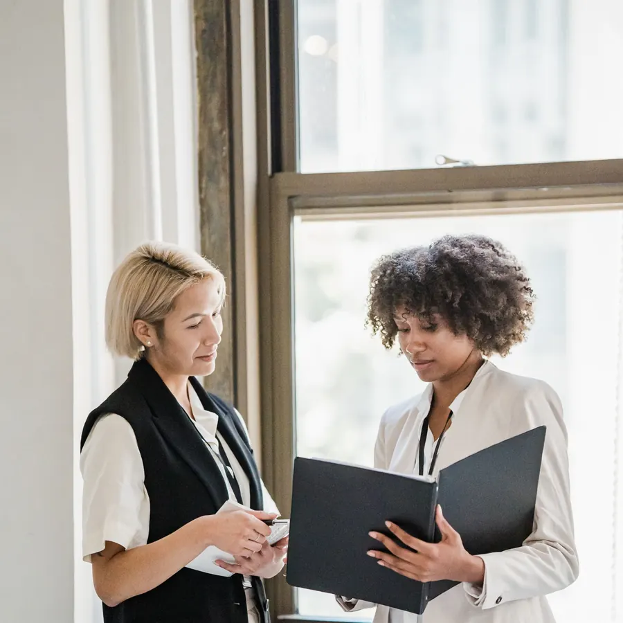 Two consultants standing by a window reviewing a project folder