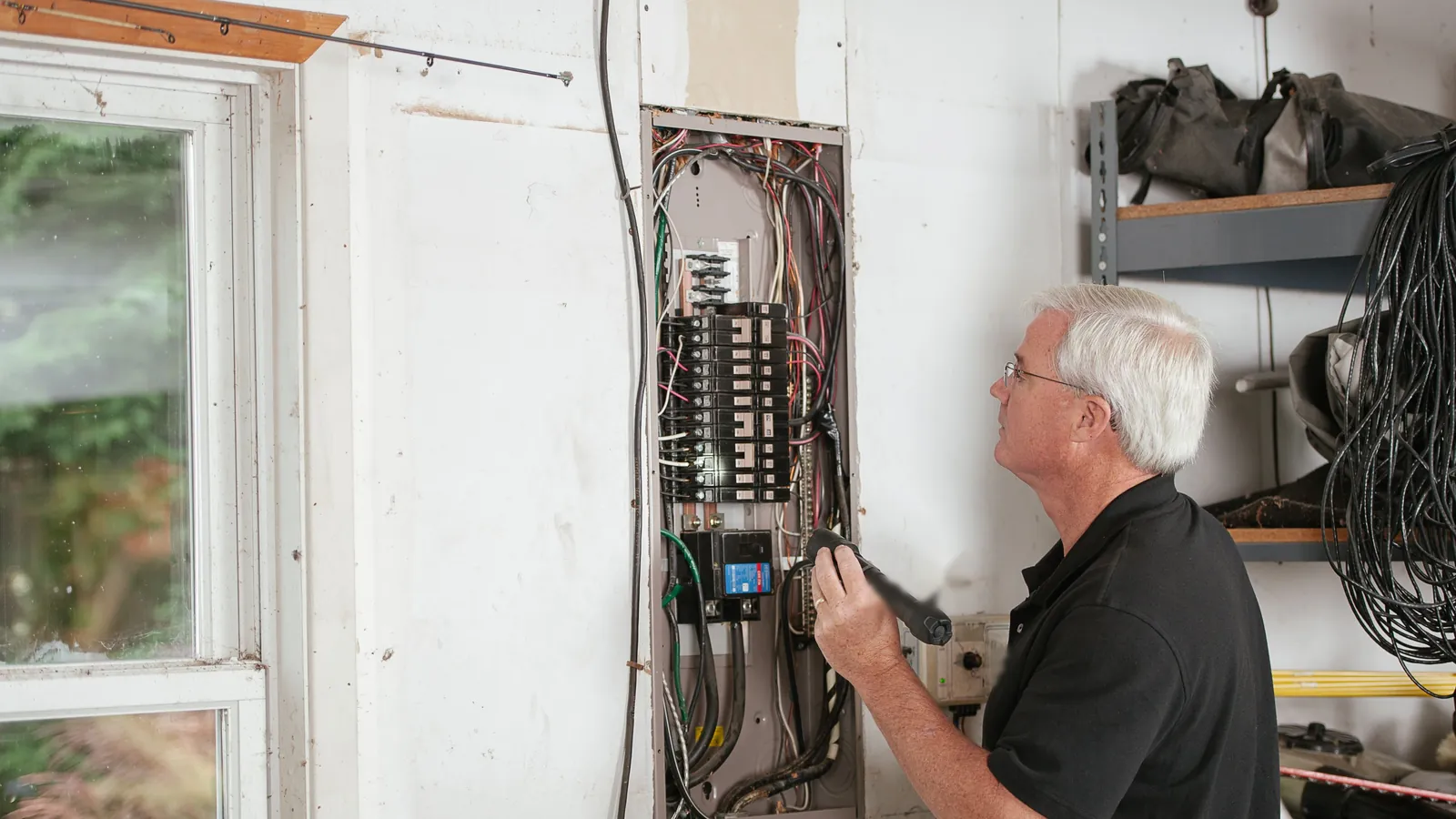 Electrician with a flashlight inspecting the wiring in a home breaker panel