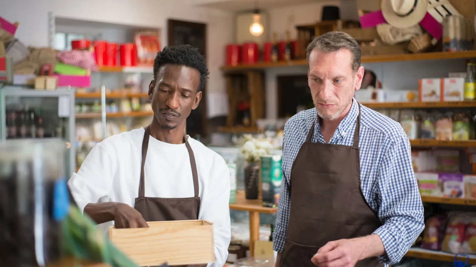 Two shop owners in aprons stocking shelves in a small grocery